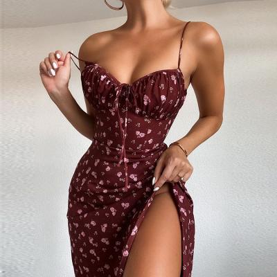 China Cottagecore Breathable Cryptographic Floral Print Split Sleeveless Backless Fairy Beach Dress Women Club Wear Elegant Dressy Dresses for sale