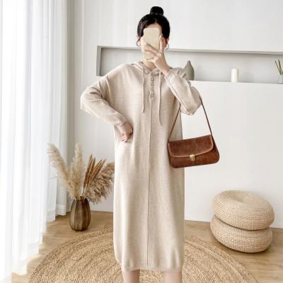 China Autumn Winter Long Sleeve Midi Women Sweater Dress Breathable Hooded Knitted Dress With Button Sweater Warm Shift Dress for sale