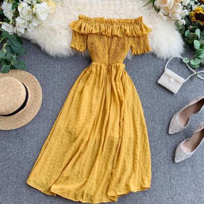 China Summer Women Breathable Dresses Plaid Slash Neck Off Shouder Vestidos Solid Ruffles Long A Line Dress One High Waist Dress for sale