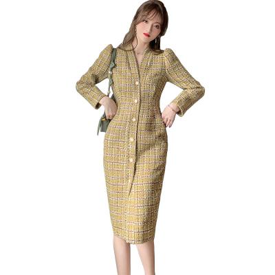 China Simple Plaid Bodycon Dresses Elegant Autumn Winter Ladies Party Dress Long Sleeve Breathable Yellow Corset Wraps Full For Women for sale