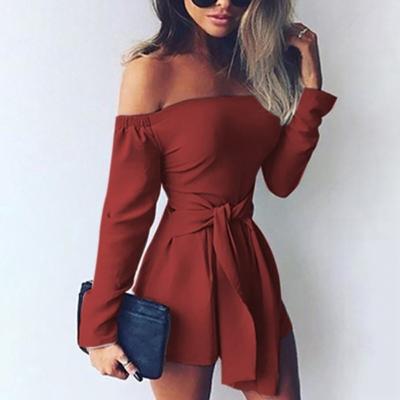 China Women Boat Neck Breathable Bare Shoulders Solid Long Sleeve With Belts Summer Bodycon Puff Shorts Overalls Slim Stylish for sale