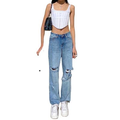 China Hot Sale Summer Style Breathable Denim Slightly Ripped Stretchless Straight Holes High Waist Jeans Women for sale