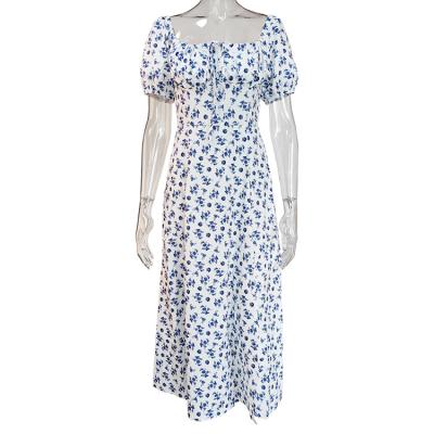 China Korean Private Label Anti-Static Women A Line Casual Dress Colorful Floral Midi Sleeve Long Dress for sale