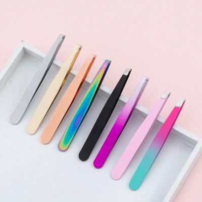 China Custom Logo Private Label Premium Stainless Steel Eyebrow Tweezers Colored Oblique Tip Eyebrow Tweezers for sale