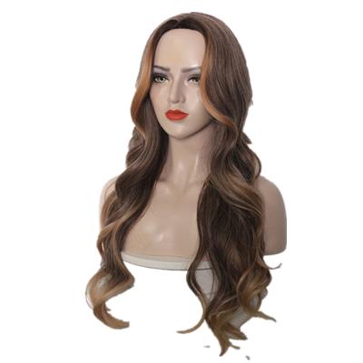 China High Quality Heat Resistant Medium Gradient Brown Long Part Wigs Body Wave Synthetic Fiber Wavy Wig for sale