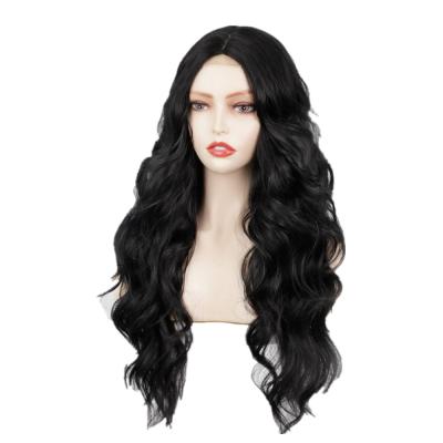 China Fashion Good Quality Water Wave Heat Resistant Fiber Wig Lace Frontal Black Dark Brown Water Wavy Wig for sale