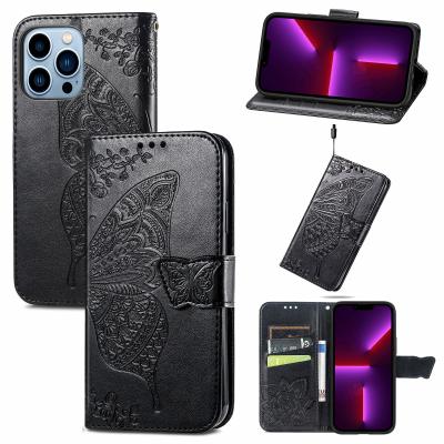 China Custom Shockproof PU Leather Colorful Butterfly Embossed Flip Kickstand Cell Phone Cases For iPhone 13 for sale