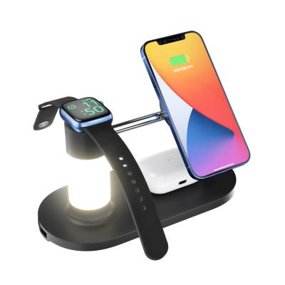 China Hot Sale 15W Smart Watch Fast Charging Stand with Lamp 4 in 1 Magnetic Wireless Charger for Smartwatch Phone Earbuds for sale