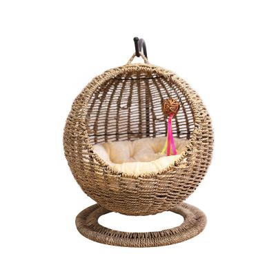 China Breathable Hand Made Wicker Cat Bed Basket Swinging Pet House Nest For Small Dog Cats for sale