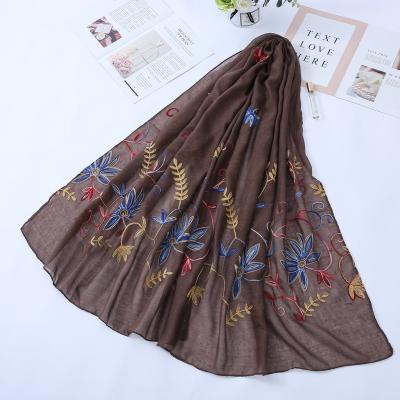 China Main Wear Scarf Hijab Women Chief Cotton CVC Value Chat Colorful Long Scarf Embroider Monocolour Cotton Headscarf for sale