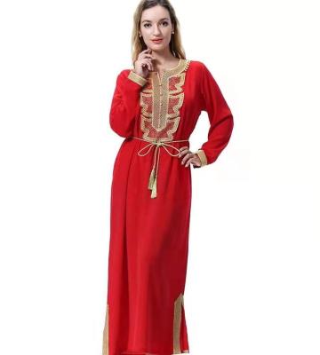 China Polyester Summer Women's Fashion Casual Kaftan Long Skirt Muslim Women Dress SA Hot Embroidered Simple African Off Shoulder Islamic Clothing for sale