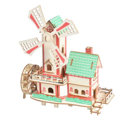 China Eco-friendly Laser Cutting Wind And Water Rising 3D Puzzle Children'S Play Model House Wooden Toy Model for sale