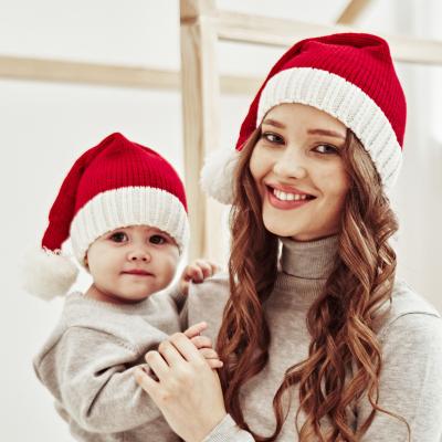 China Christmas Party Supplies 2021 Winter Santa Hat Plush Christmas Decoration Lovely Ball Knitted Hat Pom Pom Knit Beanie Christmas Hat Red For Kids for sale