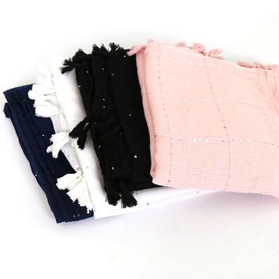 China 2021 New Fashion Daily Life RTS Malaysia Cotton Hijab Solid Color Cotton Tassel Delicate Sequined Scarf for sale