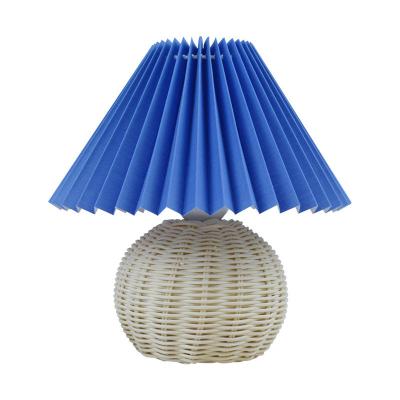 China DIY EUROPEAN creative handmade rattan round base pleated lampshade simple fabric art deco style table reading lamp for sale