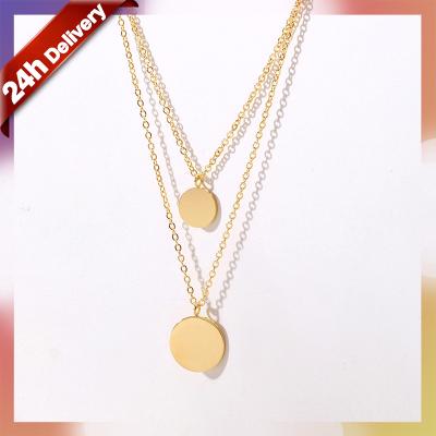 China Trendy Dylam Double Layer Stainless Steel Chain Pendant Necklace Fashion Layered Gold Plated Coin Pendant Necklace for sale