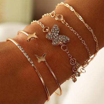 China RisingMoon 5pcs/Set Environmental Gold Plated Zircon Geometric Crystal Butterfly Bracelet Bangle Water Wave Chain Sets for sale