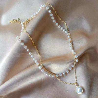 China Fashion RisingMoon Jewelry Pearl Necklace Double Layer Cute Chain Women Pendant Necklace for sale