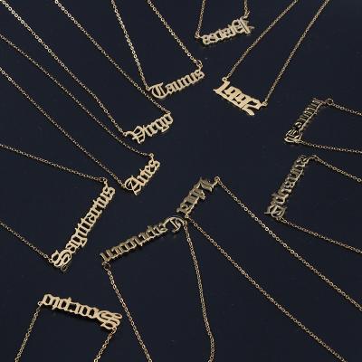 China RisingMoon CLASSIC 18k Gold Plated Old English Stainless Steel Letter Choker Twelve Zodiac Charm Necklace for sale