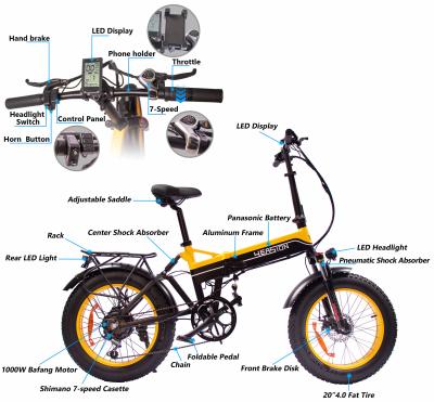 China USA Warehouse 20inch Aluminum Alloy Long Term Folding Electric Bicycle 48V/1000W Mountain E-Bike Folding Fat Tire Electric Bike for sale