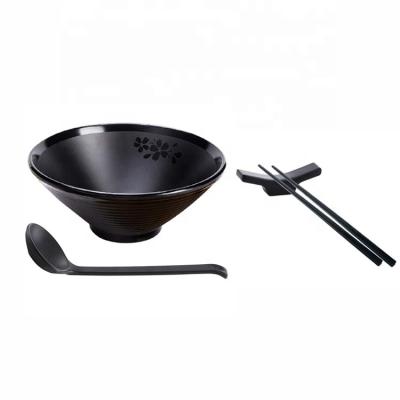 China Viable Black with Elegant Flower Pattern Melamine Ramen Noodle Bowl with Chopstick and Spoon Holder for sale