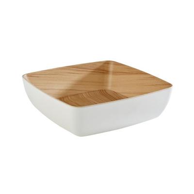 China Sustainable White Square Melamine Bowl With Wood Grain Printing 25cm for sale