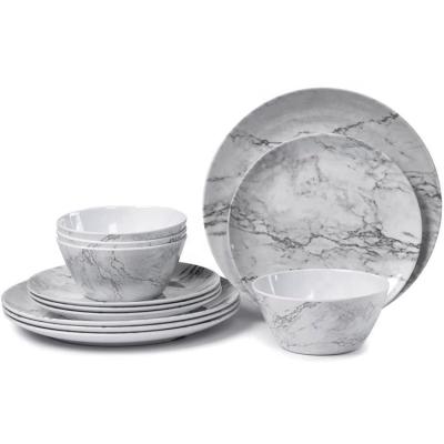 China Sustainable Melamine Plastic Dinnerware Set of 12 PCS Marble Pattern Lightweight Unbreakable Dinner Dishes Set for Camping Use for sale