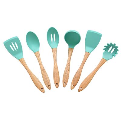 China Viable Wooden Handle Silicone Kitchen Accessories Food Grade Set of 6 Piece Silicone Cookie Tools Oak Wood Cooking Utensils for sale