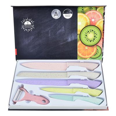 China Viable Colorful 6pcs Macarons Wheat Straw Fruit Vegetable Cutter Knife Stainless Steel Kitchen Knife Sets for sale