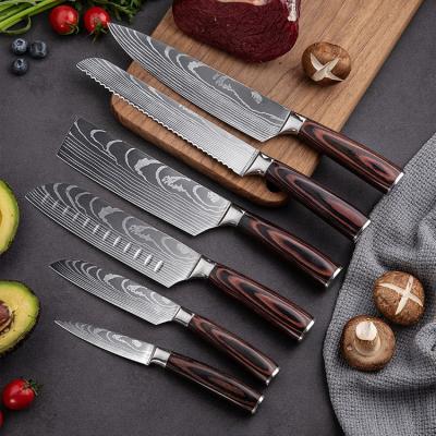 China Hot Sale Pakka Handle Stainless Steel Damascus Laser Blade Knife Tool Kitchen Stocked Wooden Set for sale