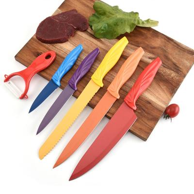 China Viable 6 Pieces Color PP Handle Stainless Steel Kitchen Knife Set Meat Cutter Chef Knife With Peeler for sale