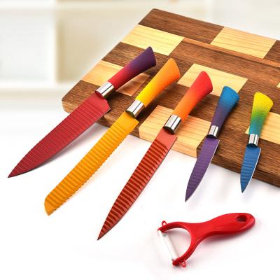 China Viable Non-stick Coated Colorful 6PCS Knife Set With Wave Blade Kitchen Knife Set for sale