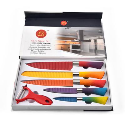 China Viable Non-stick Coating 6PCS Kitchen Knife, Color Knife With Wave Blade Coating Knife for sale