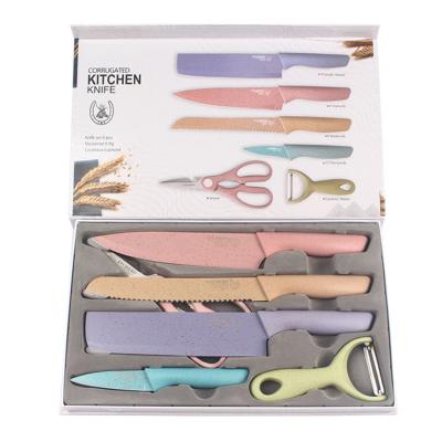 China 6pcs Macaroon Color Wheat Straw Fruit Vegetable Knife Scissors Stainless Steel Kitchen Knife Set for sale