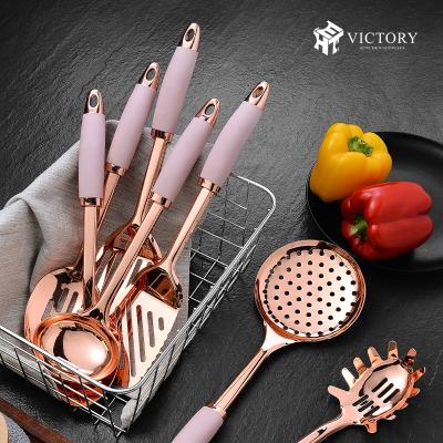 China New Hot Sale Viable 7pcs Nonstick Pan Rose Gold Stainless Steel Handle Cooking Kitchen Utensil Set for sale