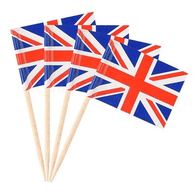 China Custom Made UK Flag Food Factory Direct Sale 25*35mm Mini Size Burger Wooden Toothpick With 65mm Toothpick for sale