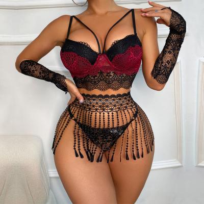 China Lace Up Quality Hot Transparent Lace Sexy Tassels 5 Pieces Underwear Woman Set Wearing Sexy Lingerie for sale