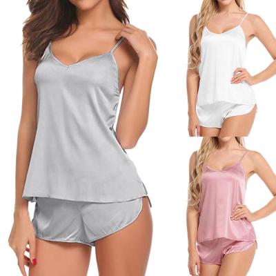 China QUICK DRY sexy women's pajamas sleeveless homewear artificial silk suit V-neck sling vest slim women's shorts for sale