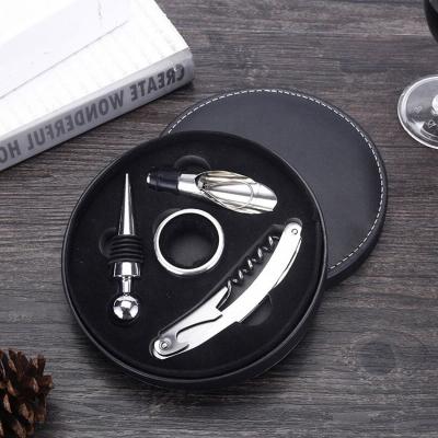 China Round Shape 4PCS Wine Accessories Tool Wine Opener Stopper Leather Gift Box Set For Christmas for sale