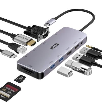 China 10 in 1 Hub ICZI 11 in 1 Type C Hub with 1000M RJ45 and VGA USB C Hub 4 to USB 3.0 Ports Adapter for sale