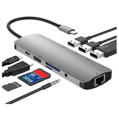 China Laptop 9 in 1 Gigabit 1000m OTG 3 Ports USB 3.0 Card Reader Multifunctional USB C Hub HDTV SD/TF for Macbook Pro for sale