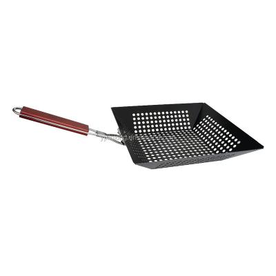 China Wholesale Easily Cleaned Square Grill Basket BBQ Non-Stick Coating Vegetable Grill With Foldable Wooden Handle for sale