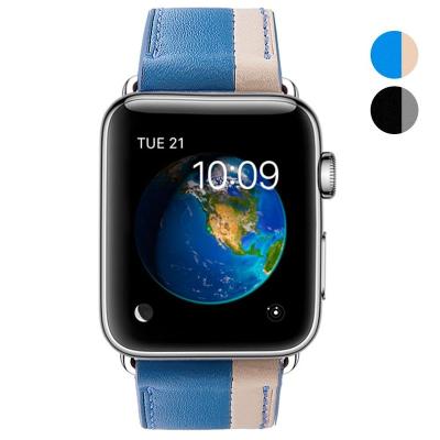 China Bright Dual Color Contrast Resist Cowhide Leather Metal Buckle Band Hydrophobic Genuine Leather Hydrophobic And Soiled Color Strap For Apple Watch for sale