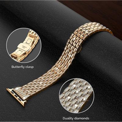 China Seven Special Diamond Metal Band Butterfly Buckle 38mm 42mm Stainless Steel Strong Wrist Strap Beads For Apple Watch for sale