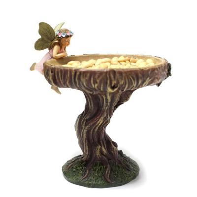 China Outdoor Europe Resin Garden Fairy Statues Bird Feeder Yard Art Sculpture Fairy Bird Food Bowl for sale