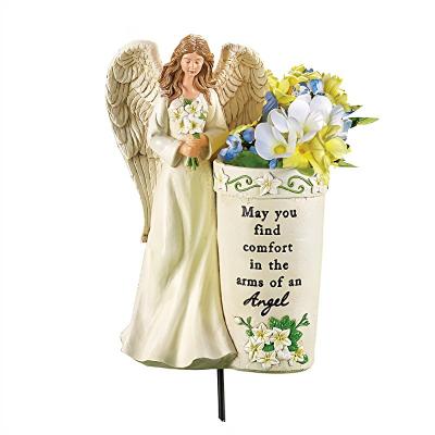 China Europe Polyresin Angel Wings Statue Memorial Grave Flower Stand Vase Garden Decor Yard Stake for sale