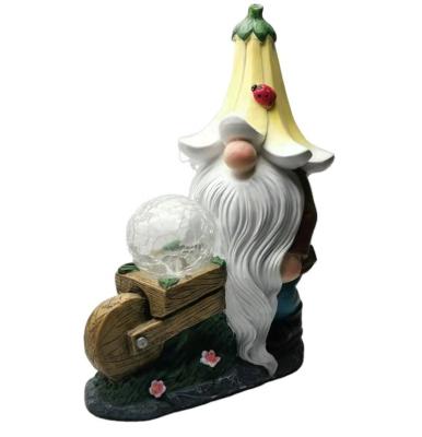 China New Europe Wheelbarrow Gnome Figurine With Magic Globe LED Solar Powered Outdoor Decor Garden Light for sale