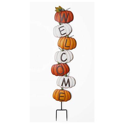 China Country Halloween Stacked Pumpkins Garden Stake Welcome Greetings Sentiment Metal Sign for sale