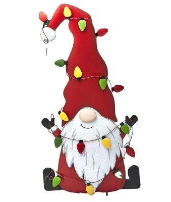 China Country Metal Holiday Christmas Yard Stakes Garden Gnome With Red Christmas Icon Stripe Hat for sale