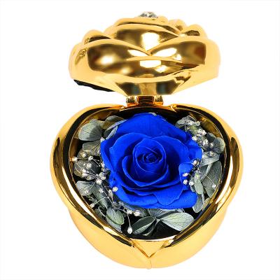 China decorative flowers & Garlands Gold Blue Eternity Roses Preserved Forever Fresh Flowers Ring Box In Box For Anniversary Valentine's Day for sale